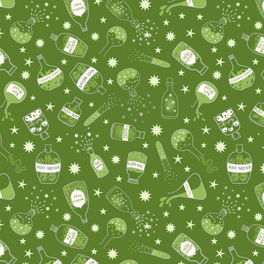 Lewis And Irene Halloween Fabric Cast A Spell Potions On Green With Silver Metallic A721.2