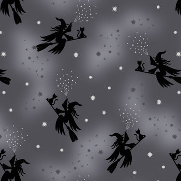 Lewis And Irene Halloween Fabric Cast A Spell Flying Witches On Grey With Silver Metallic A722.2