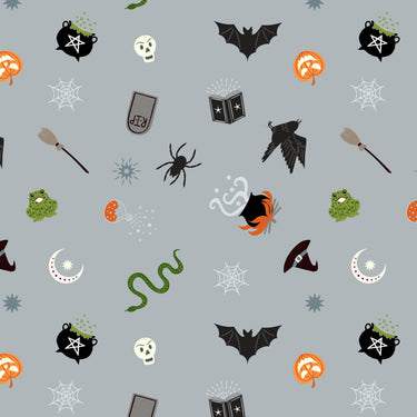 Lewis And Irene Halloween Fabric Cast A Spell Spooky On Grey With Silver Metallic A723.1