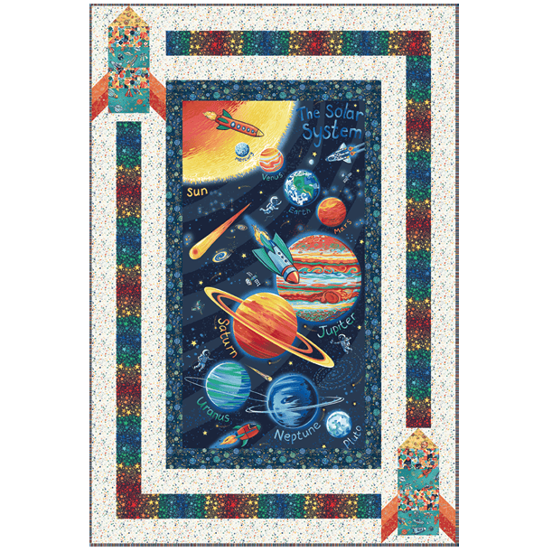 A square quilted fabric panel featuring a colorful 'The Solar System' space-themed design with planets, stars, and rockets, surrounded by a patterned border.