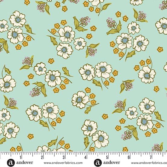 Green Novelty, Floral, Retro Andover Fabric Andover Fabric Celestial Garden in Stellar Blooms Teal 10025T - The Sewing Studio