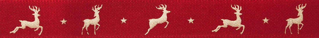 Berisfords Ribbon Christmas Ribbon Reindeer Flight: Red and Gold: 15mm wide. Price per metre. - The Sewing Studio