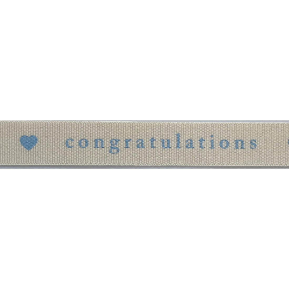 Berisfords Ribbon Congratulations Ribbon: Natural with Blue text: 15mm Wide. Price per metre. - The Sewing Studio