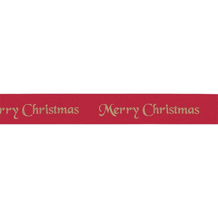 Berisfords Ribbon Merry Christmas Satin Ribbon Red with Gold Writing 10mm Wide - The Sewing Studio