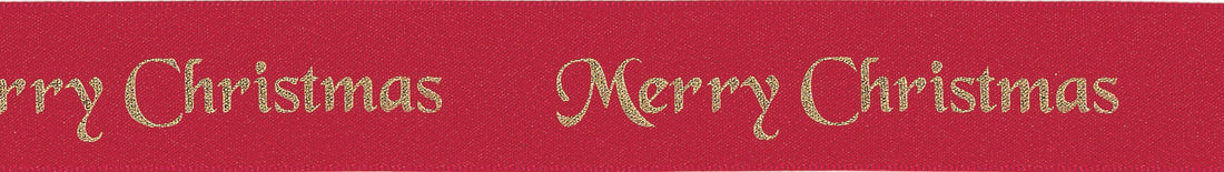 Berisfords Ribbon Merry Christmas Satin Ribbon Red with Gold Writing 10mm Wide - The Sewing Studio