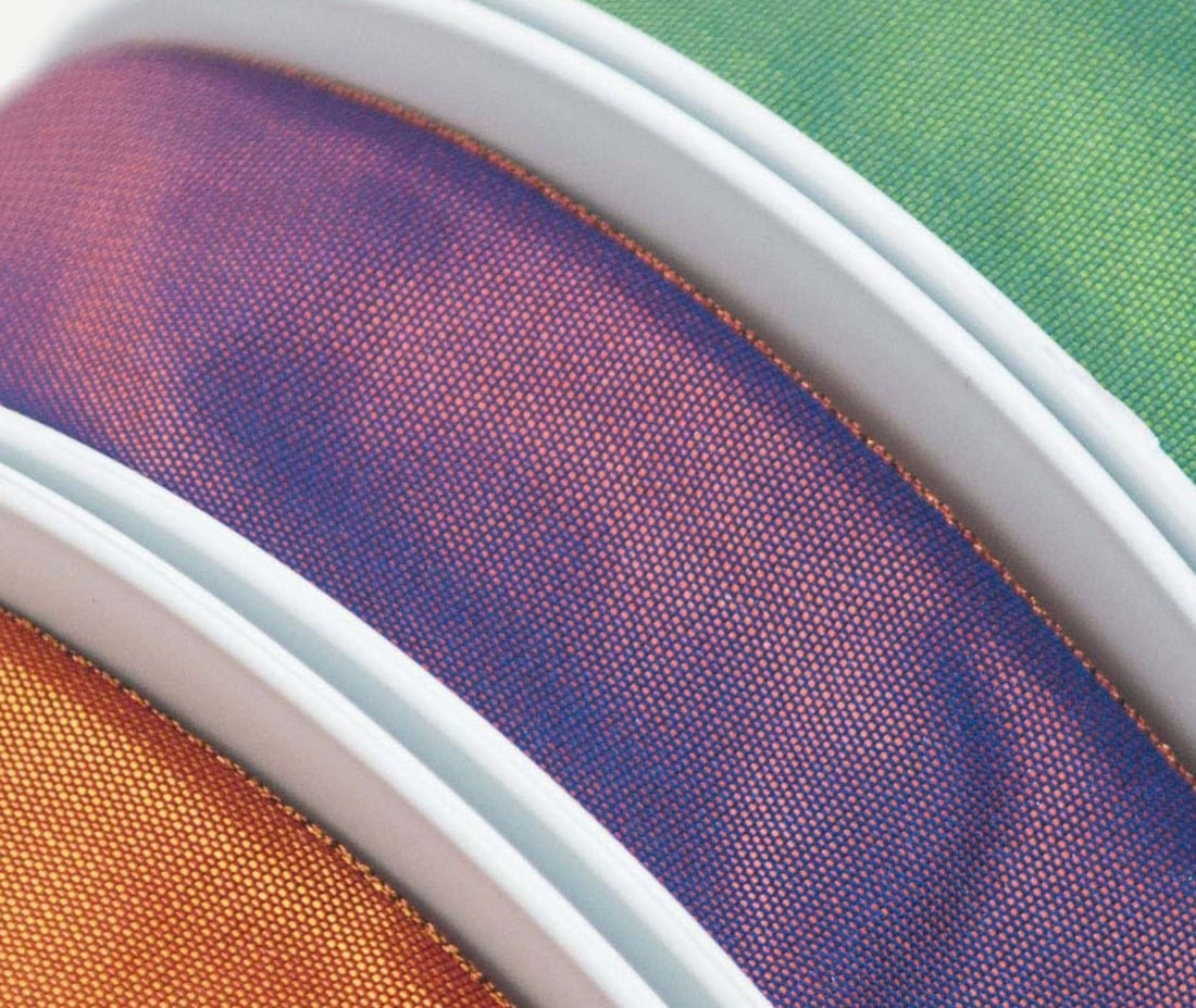 Berisfords Ribbon Radiance Ribbon Two Tone Shot Taffeta Metallic Edge Marine Tengerine 25mm Wide - The Sewing Studio