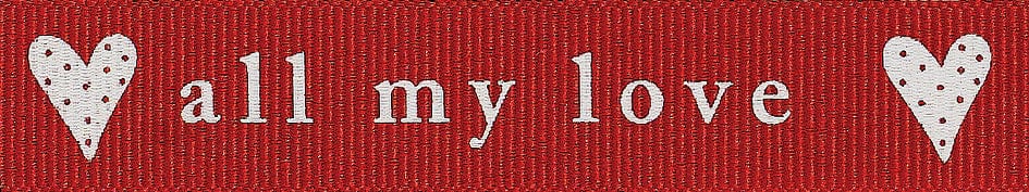 Berisfords Ribbon Ribbon: All My Love: Red and Ivory: 15mm wide: Price per metre. - The Sewing Studio