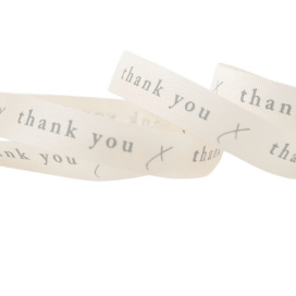Berisfords Ribbon Thank You Ribbon: Natural with Grey text: 15mm wide. Price per metre. - The Sewing Studio