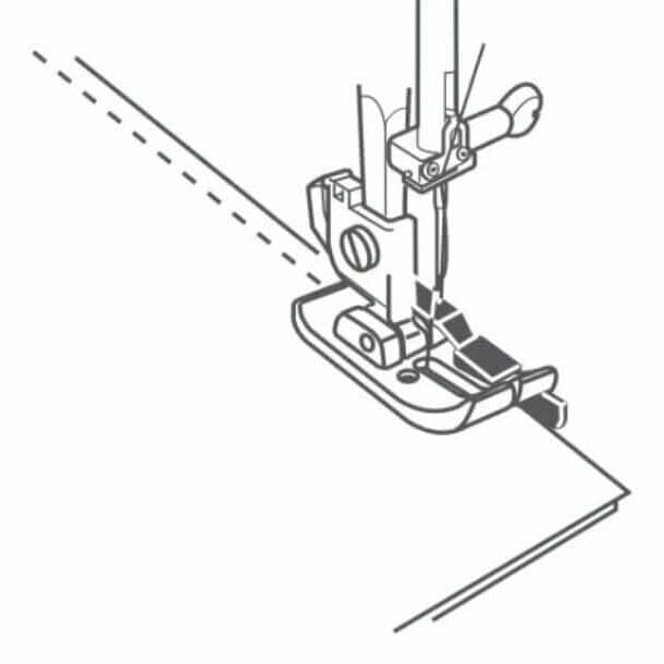 Black and white line drawing of a sewing machine presser foot and needle assembly, showing a dashed stitch line and part of a fabric sheet.
