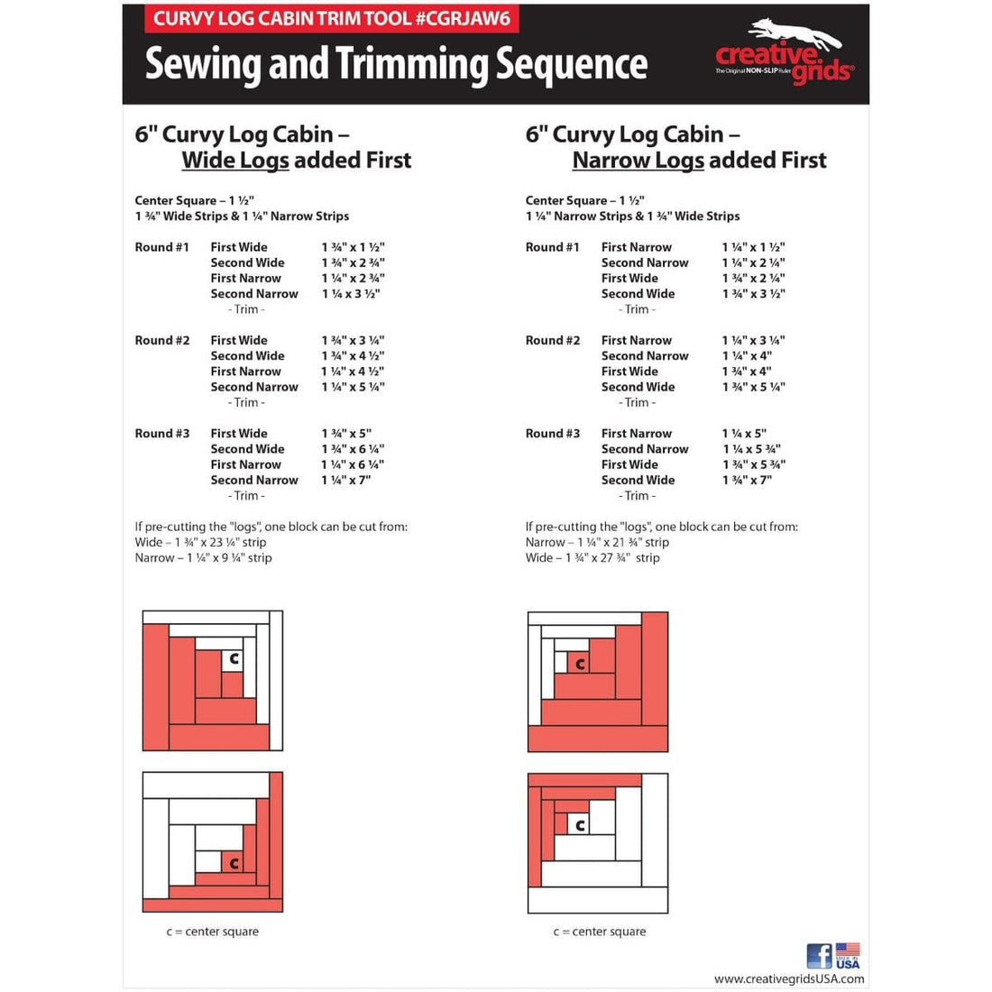 Creative Grids Rulers Stencils Templates Creative Grids Non slip: Curvy Log Cabin Trim Tool for 6" Finished Blocks - The Sewing Studio