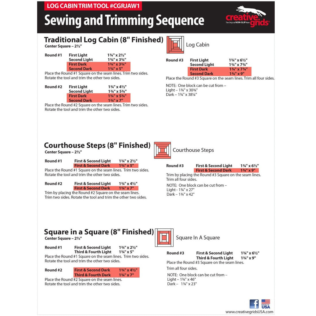 Creative Grids Rulers Stencils Templates Creative Grids Non slip: Log Cabin Trim Tool for 8" Finished Blocks - The Sewing Studio