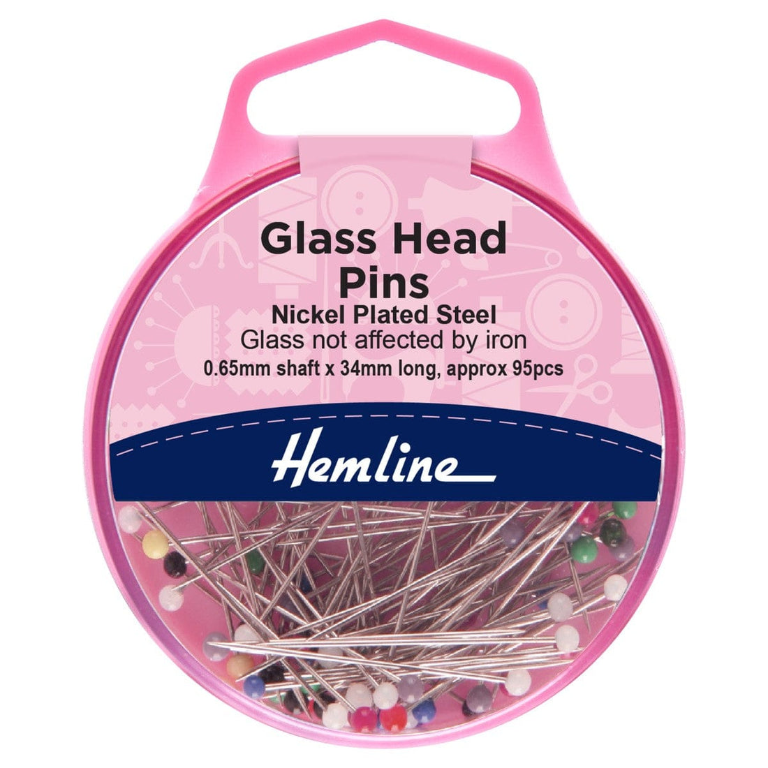 Hemline Pins Pins: Glass Head: 34mm: Nickel: 95 Pieces - The Sewing Studio