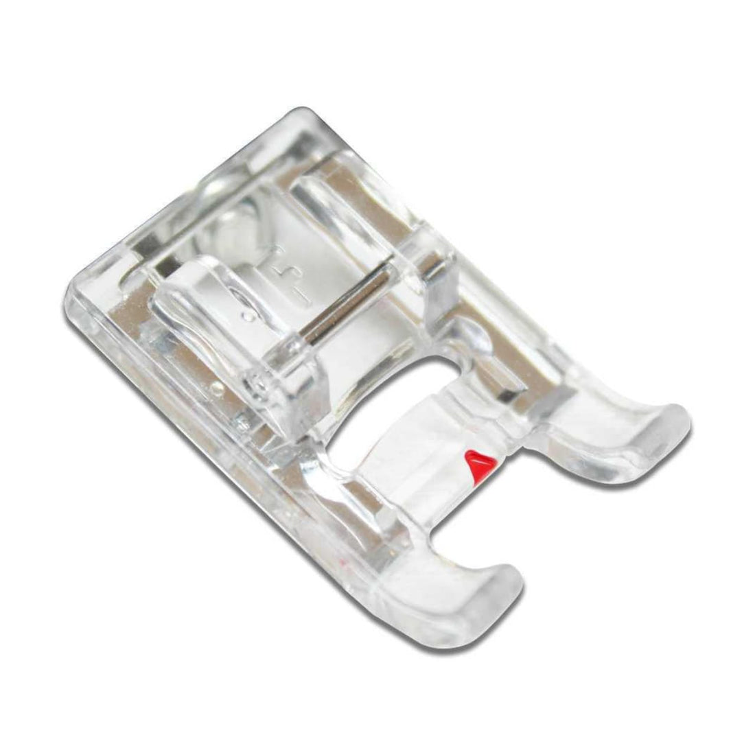 Clear sewing machine foot with a red triangle on a white background