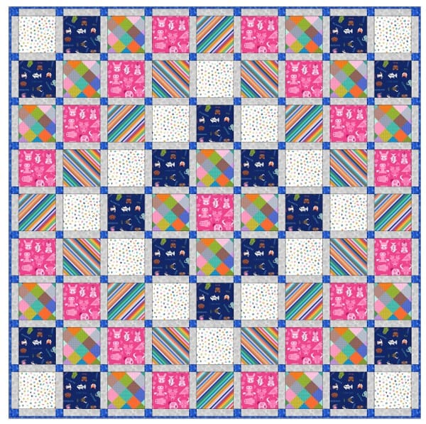 Quilt with colorful square patterns in various colors