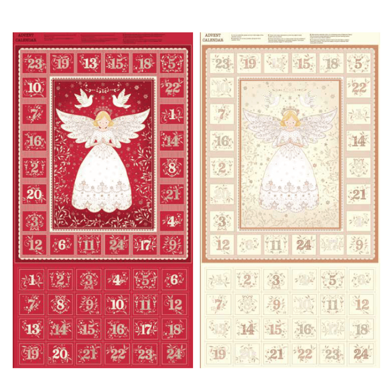 Two vintage-style advent calendars shown side by side. The left calendar is red with a white angel illustration and numbered advent boxes.