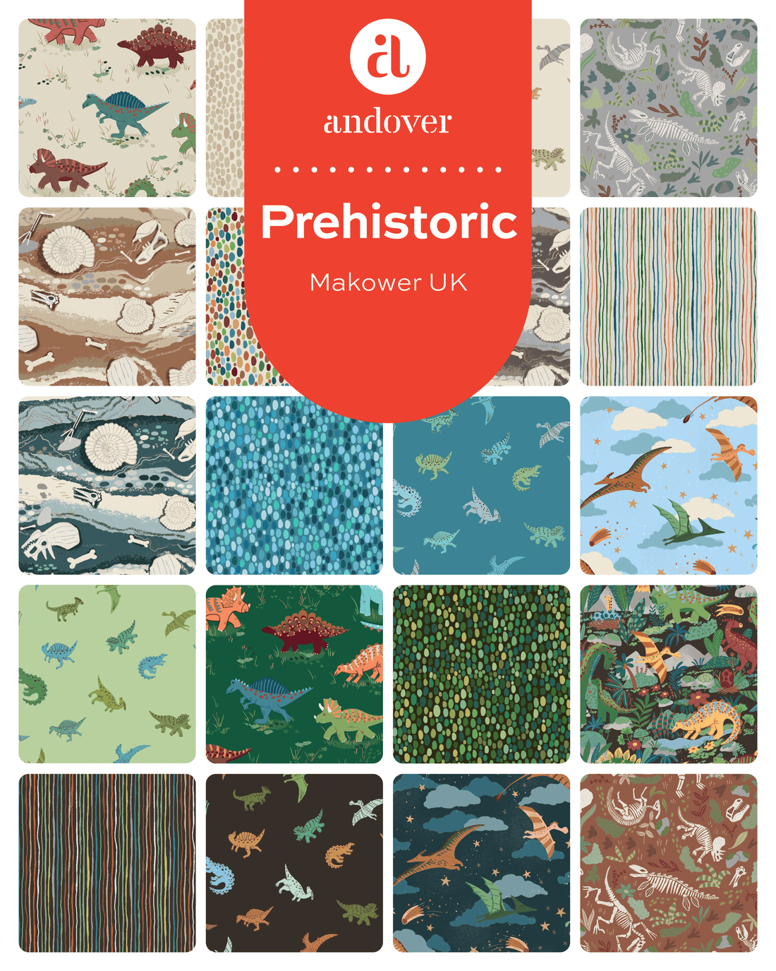Makower Fabric Pre Cuts Makower Fabric Prehistoric 5 Inch Square Pack - The Sewing Studio