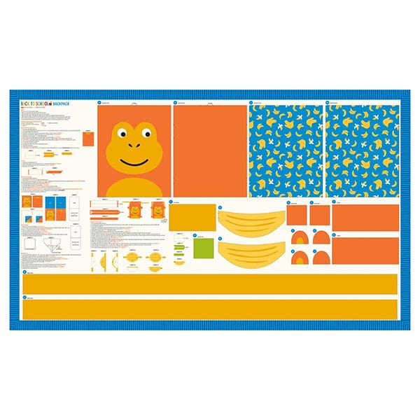 Moda Fabric Panels & Labels Moda Back To School: Fabric Monkey Backpack Panel: Multi Colour 20897-11 - The Sewing Studio