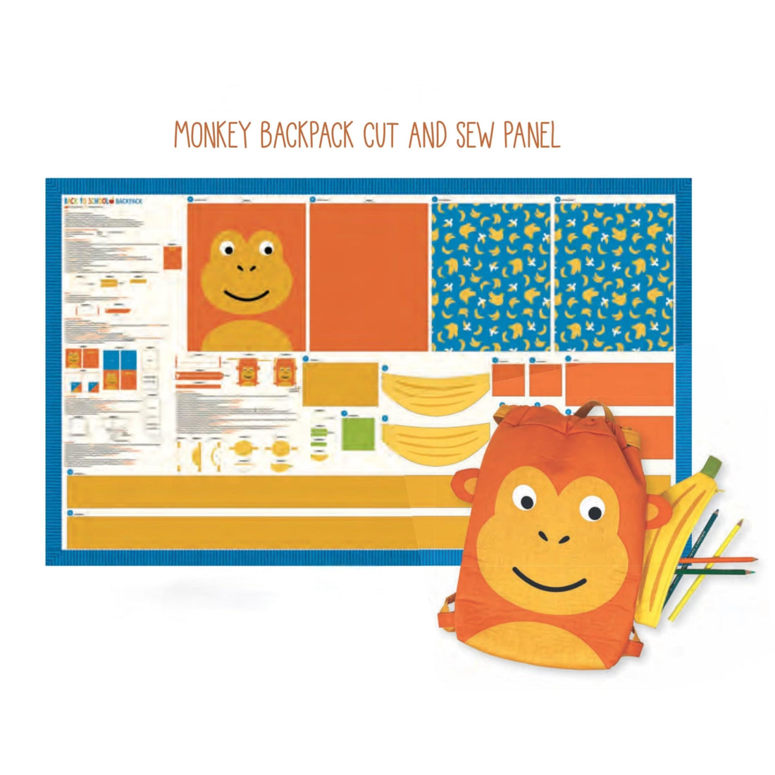 Moda Fabric Panels & Labels Moda Back To School: Fabric Monkey Backpack Panel: Multi Colour 20897-11 - The Sewing Studio