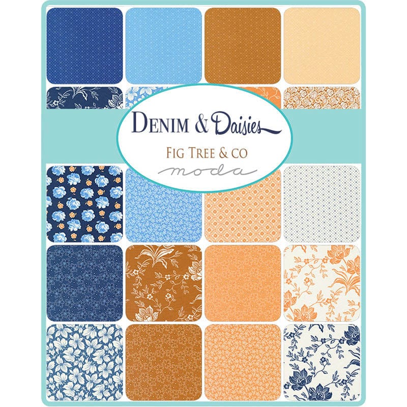 Multi-coloured Foliage, Floral Moda Fabric Pre Cuts Moda Denim Daisies Layer Cake 35380LC - The Sewing Studio