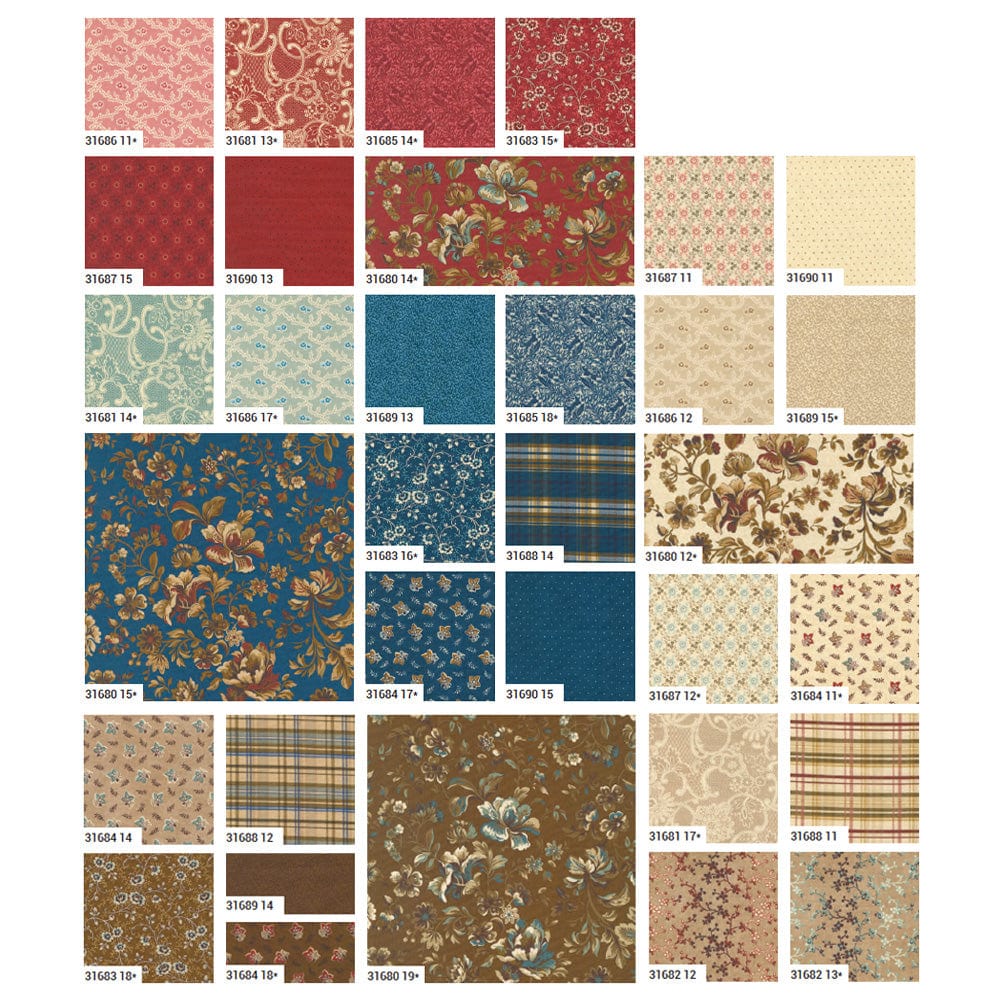 Multi-coloured Floral, Reproduction Moda Fabric Pre Cuts Moda Lydias Lace Jelly Roll 31680JR - The Sewing Studio