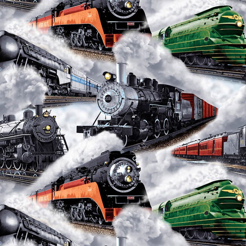 Stof Fabric On The Right Track Trains Grey 3075-90 from Blank Quilting. - The Sewing Studio