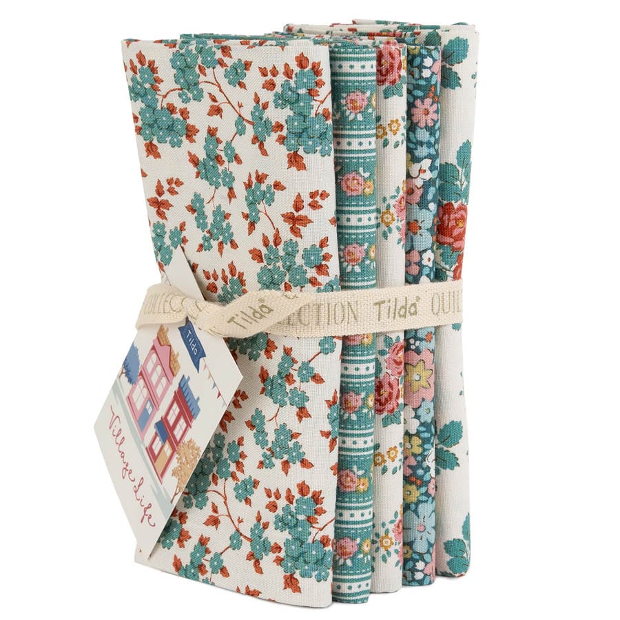 Tilda Fabric Pre Cuts PRE-ORDER Tilda Village Life Petrol/Teal Fat Quarter Bundle 5 Piece - The Sewing Studio