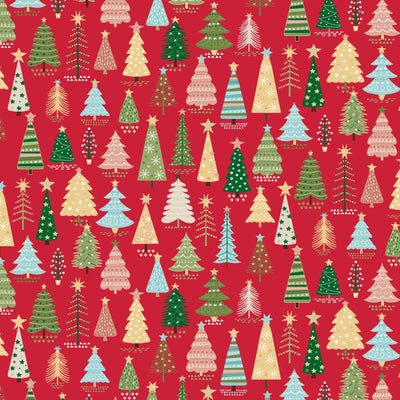 Makower Christmas Fabric Cosy Home Trees Red Metallic 2570 R