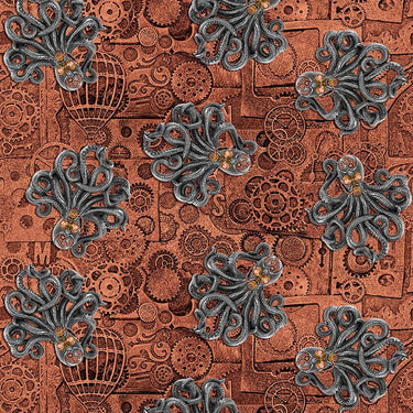 Alternative Age Steampunk Fabric Octopus & Gears Rust 2323-85