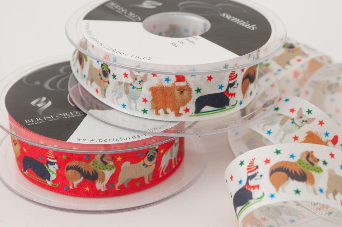 Berisfords Ribbon Christmas Ribbon Festive Pets: 25mm Wide: White - The Sewing Studio