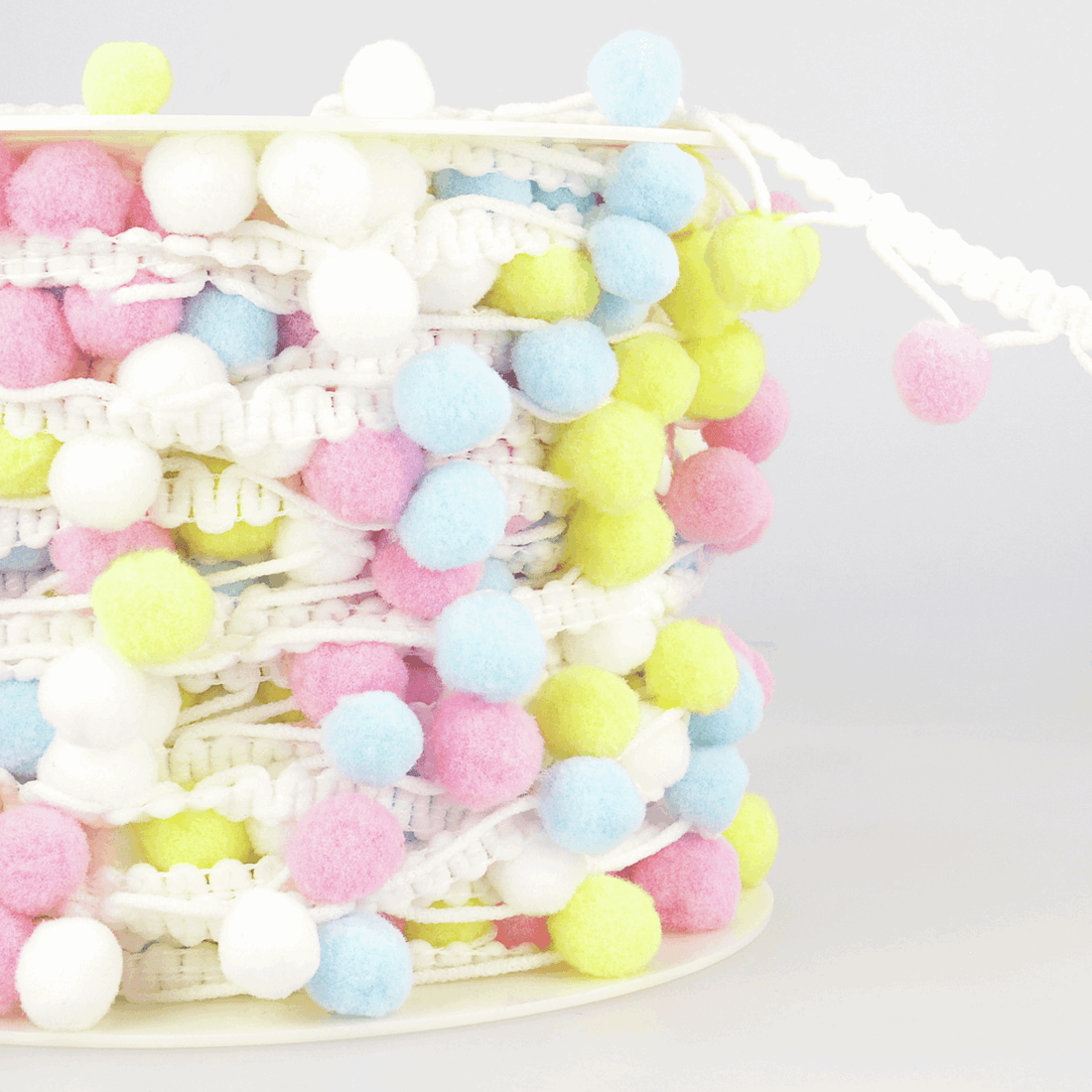 Essential Trimmings Craft Accessories Pom Pom Fringe Trim: 25mm: White and Multi - The Sewing Studio