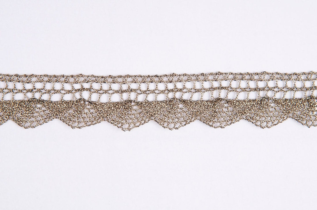 Essential Trimmings Lace Metallic Lace Trim: 20mm wide: Old Gold. Price per metre. - The Sewing Studio
