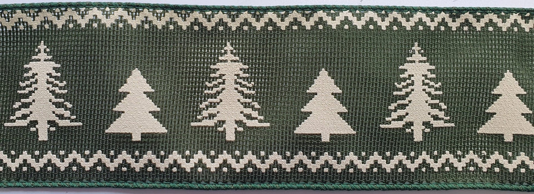 Groves Ribbon Wire edge ribbon green Christmas trees. 63mm width. Price per metre. - The Sewing Studio