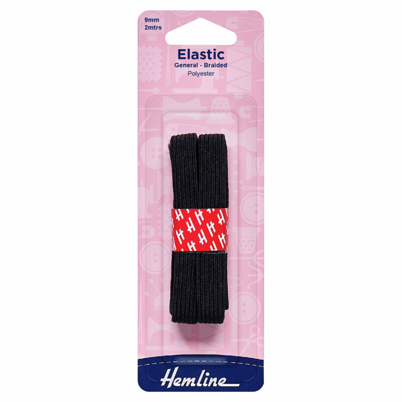 Hemline Elastic General Purpose Braided Elastic Black 2 Metres x 9mm Wide - The Sewing Studio
