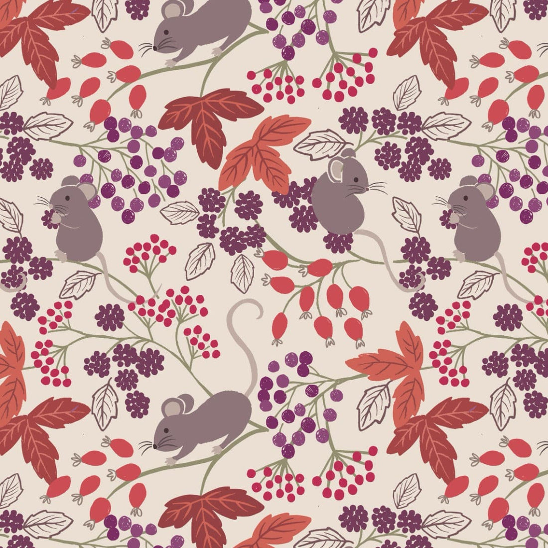 Lewis and Irene Fabric Lewis and Irene Autumn Fields Mice With Berries Cream A676.1 - The Sewing Studio