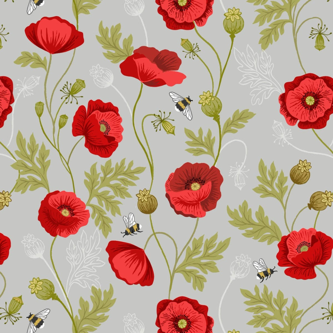 Lewis and Irene Fabric Lewis and Irene Poppies Poppy And Bee Light Grey - The Sewing Studio