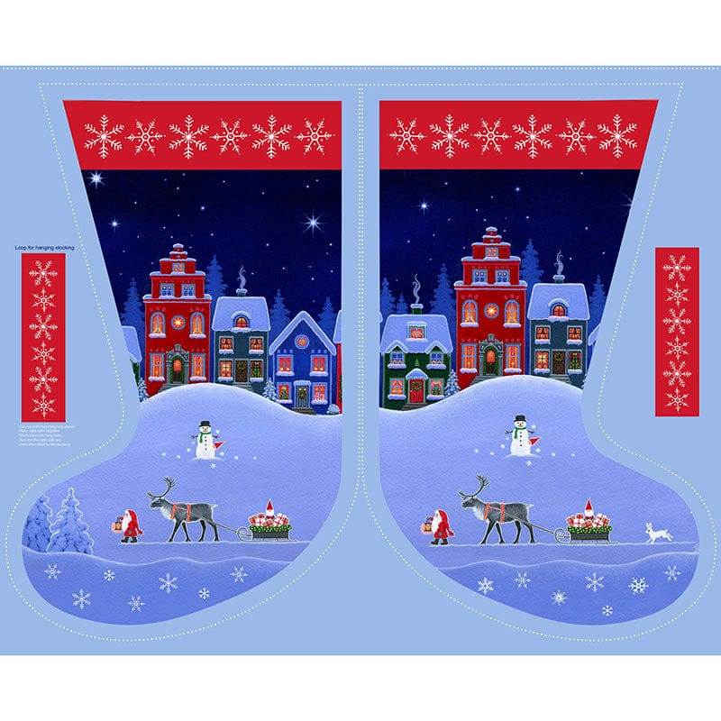 Blue Christmas Lewis and Irene Fabric Panels & Labels Lewis & Irene Tomtens Village Stocking Panel CE24 - The Sewing Studio