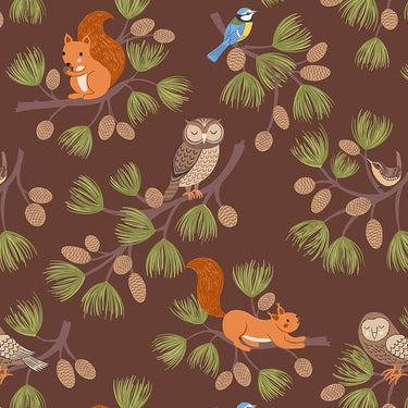 Lewis And Irene Evergreen Fabric Pine Cone Branches On Dark Brown  A691.3