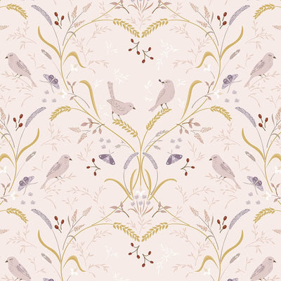 Lewis And Irene Meadowside Fabric Bird By Bird On Ecru Pink Cc6.1