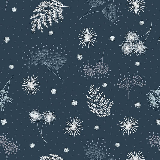 Lewis And Irene Secret Winter Garden Fabric Frosted Garden On Dark Blue With Pearl Elements A659.3