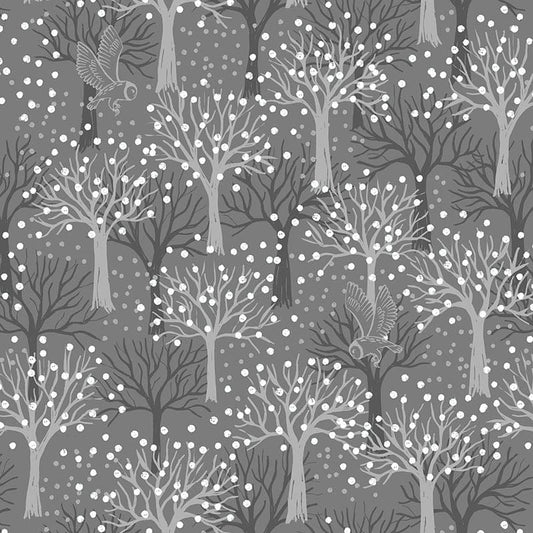 Lewis And Irene Secret Winter Garden Fabric Owl Orchard On Dark Grey With Pearl Elements A660.2