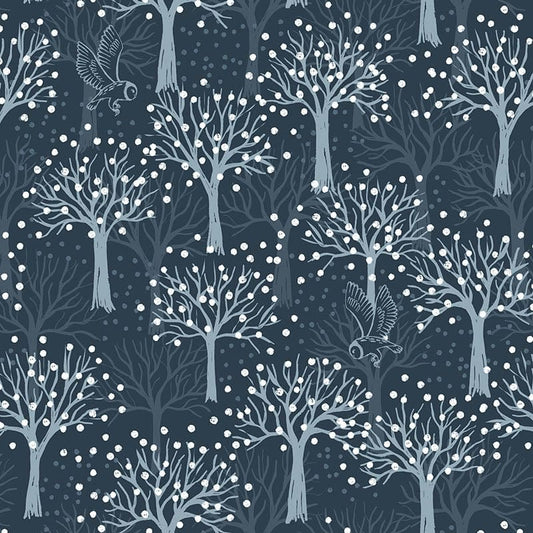Lewis And Irene Secret Winter Garden Fabric Owl Orchard On Dark Blue With Pearl Elements A660.3