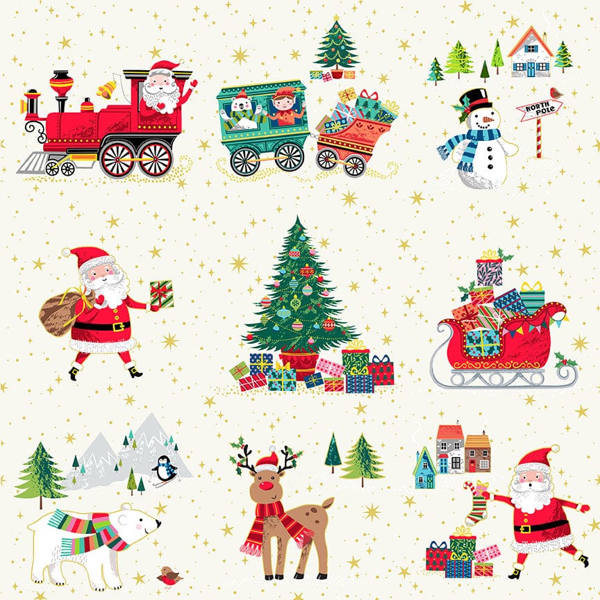 Makower Fabric Panels & Labels Makower Christmas Fabric Santa Express Placement 30cm Strips 2378 - The Sewing Studio