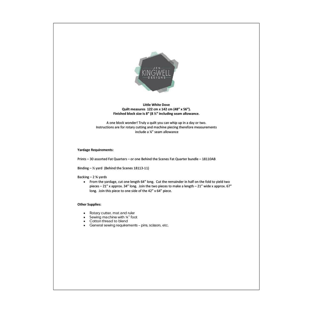 Moda Download Free Pattern: Behind The Scenes Little White Dove - The Sewing Studio