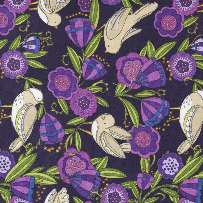 Moda Fabric Moda Pansys Posies Fabric Birdies In The Posies Amethyst 48722-15 - The Sewing Studio