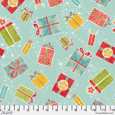 Oh Christmas Tree Fabric Presents Blue Green