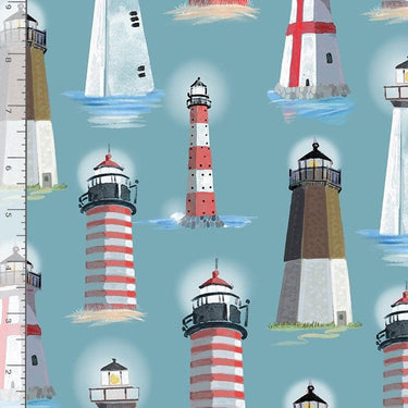 Timeless Treasures Fabric Ocean Blue Lighthouses