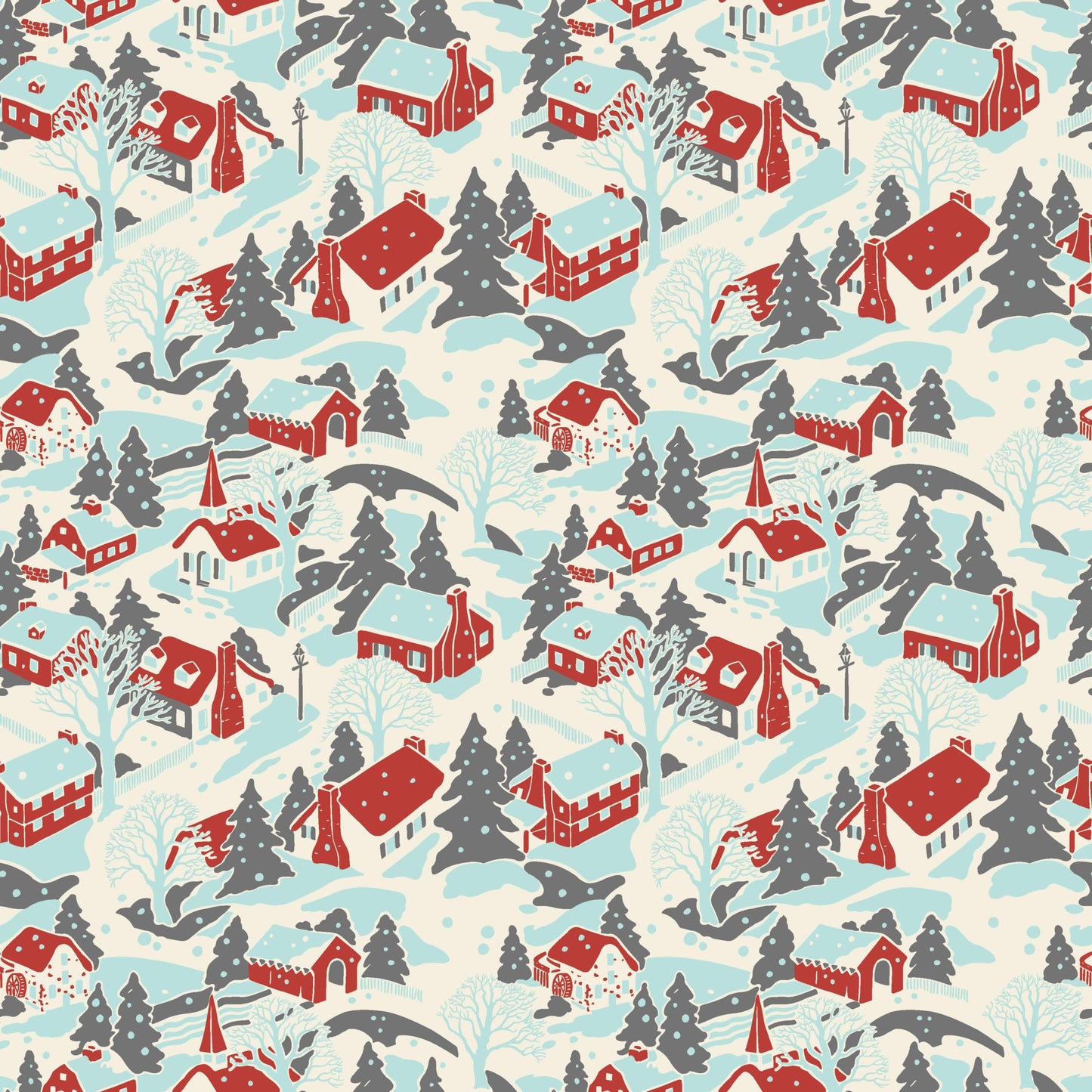 Makower Christmas Fabric Retro HoHo Winter Village Artic Blue A574B
