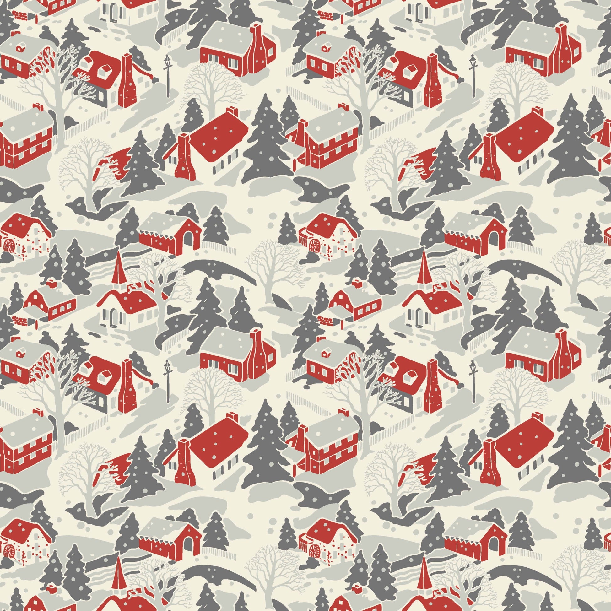 Makower Christmas Fabric Retro HoHo Winter Village Ice A574C
