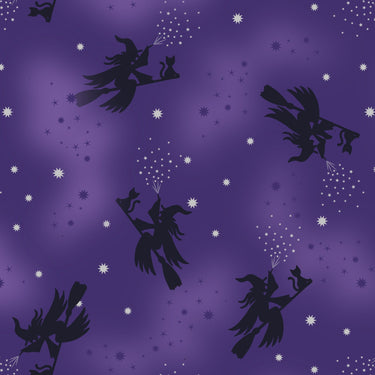 Lewis And Irene Halloween Fabric Cast A Spell Flying Witches On Purple With Silver Metallic A722.2