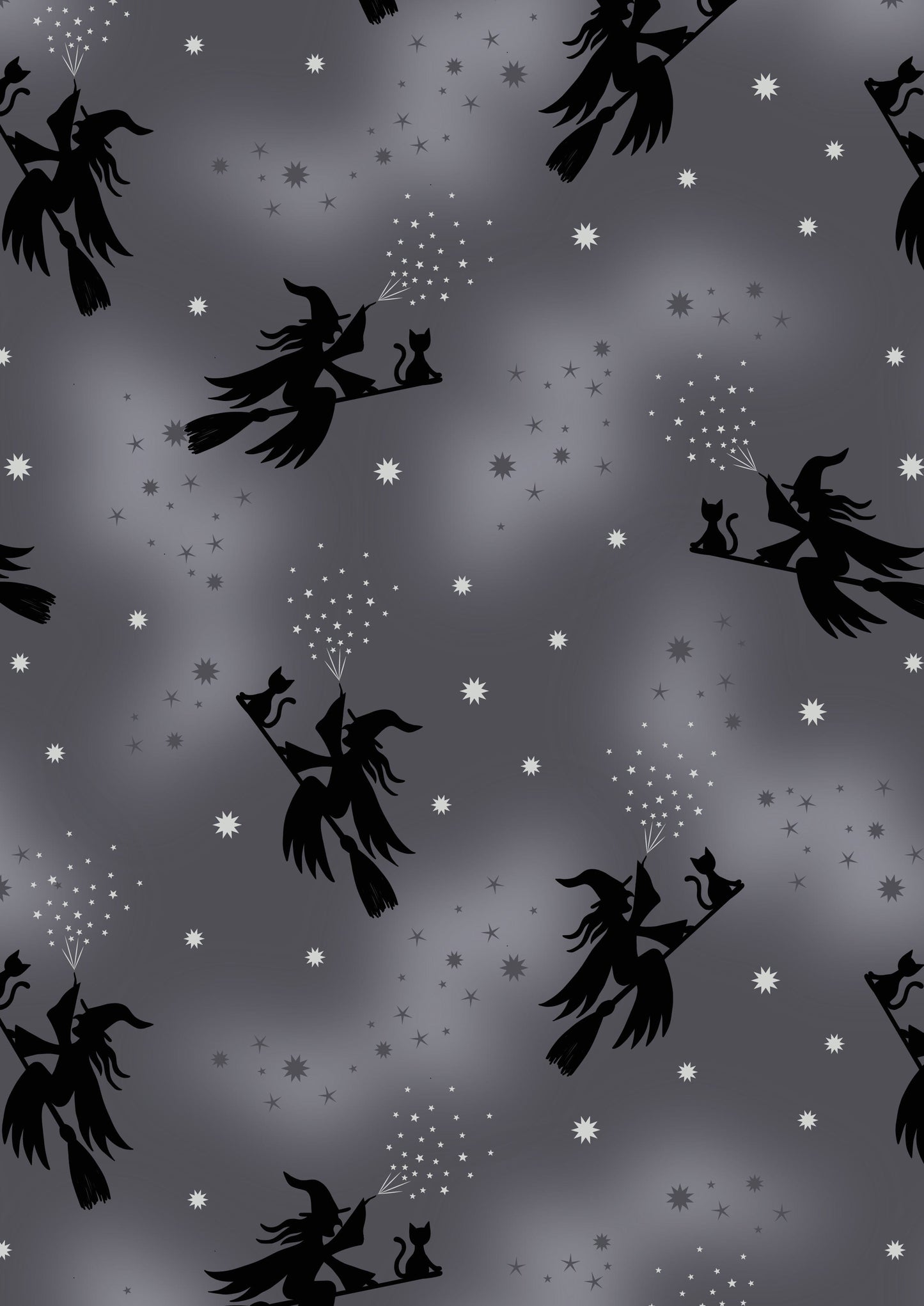 Lewis And Irene Halloween Fabric Cast A Spell Flying Witches On Grey With Silver Metallic A722.2 Original